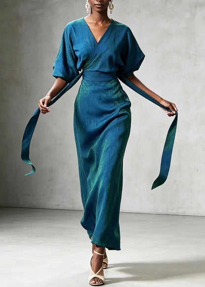 Elegant Blue V Neck Patchwork Tie Waist Silk Dress Summer