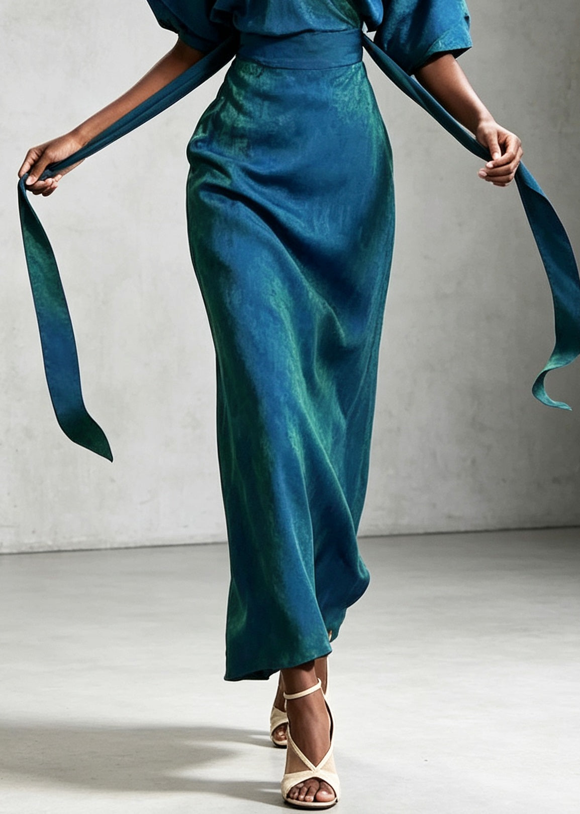 Elegant Blue V Neck Patchwork Tie Waist Silk Dress Summer