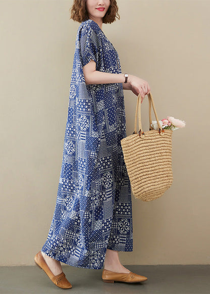 Elegant Blue V Neck Print Cotton Beach Long Dress Short Sleeve