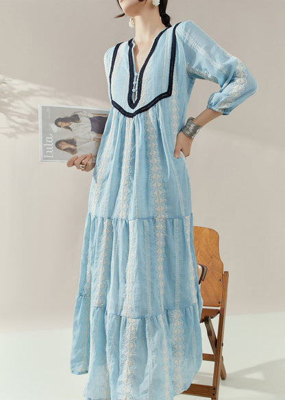 Elegant Blue V Neck Print Cotton Holiday Dress Half Sleeve