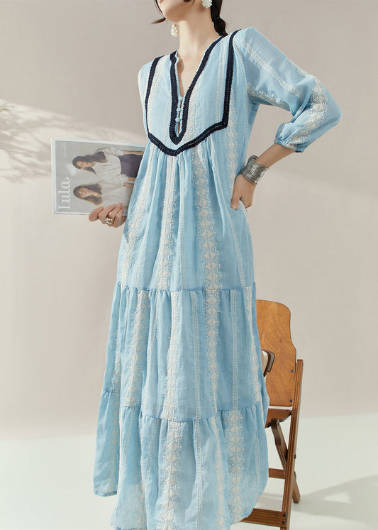 Elegant Blue V Neck Print Cotton Holiday Dress Half Sleeve