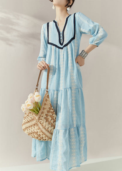 Elegant Blue V Neck Print Cotton Holiday Dress Half Sleeve