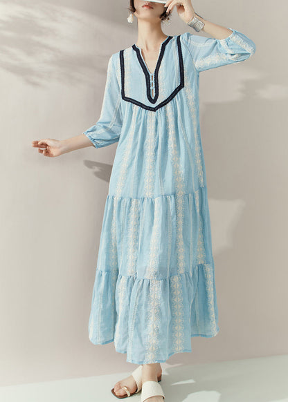 Elegant Blue V Neck Print Cotton Holiday Dress Half Sleeve