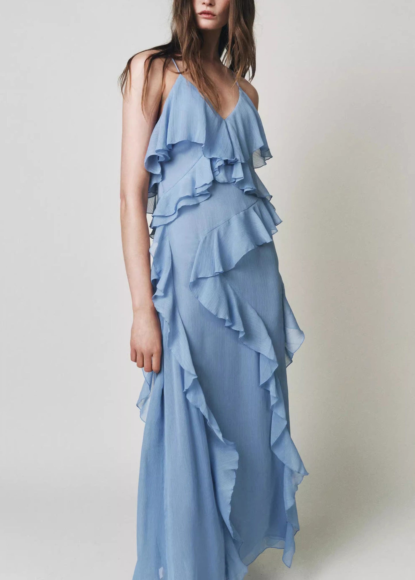 Elegant Blue V Neck Ruffled Chiffon Spaghetti Strap Dress Sleeveless