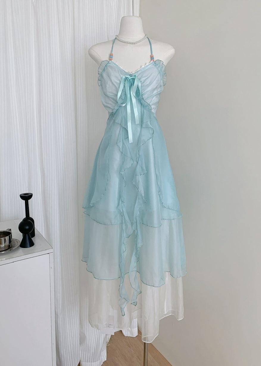 Elegant Blue V Neck Ruffled Lace Up Chiffon Long Dresses Sleeveless