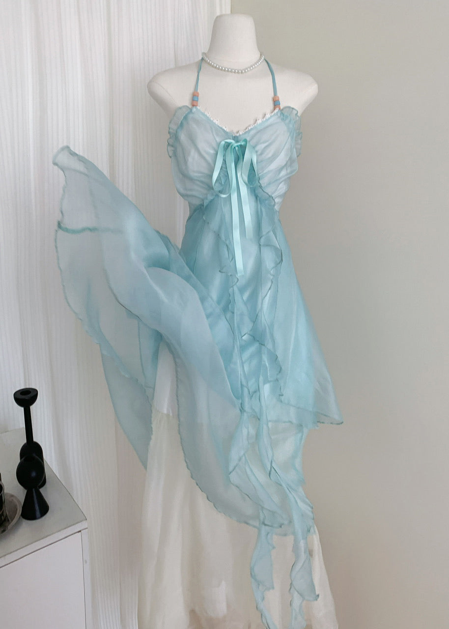 Elegant Blue V Neck Ruffled Lace Up Chiffon Long Dresses Sleeveless