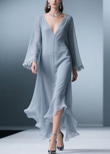 Elegant Blue V Neck Solid Lace Chiffon Long Dress Spring