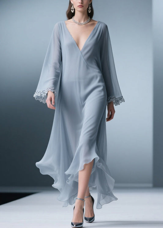 Elegant Blue V Neck Solid Lace Chiffon Long Dress Spring