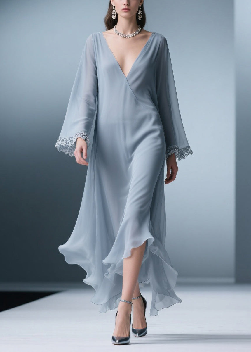 Elegant Blue V Neck Solid Lace Chiffon Long Dress Spring