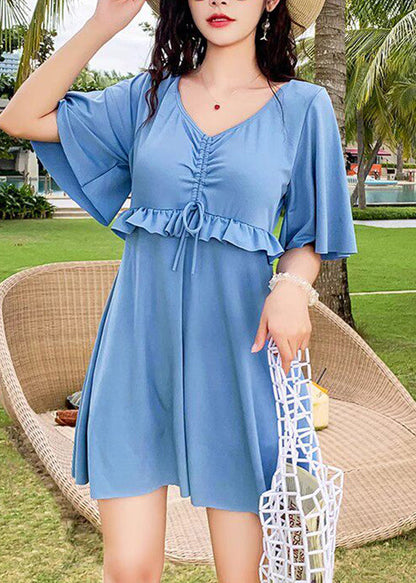 Elegant Blue V-Neck Solid Slips Lingerie Set Swimwear
