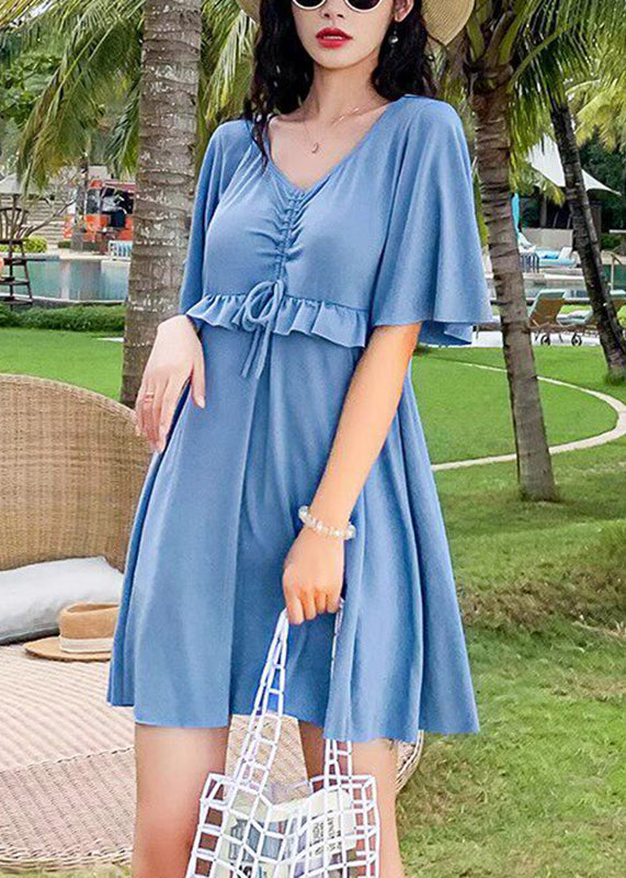 Elegant Blue V-Neck Solid Slips Lingerie Set Swimwear