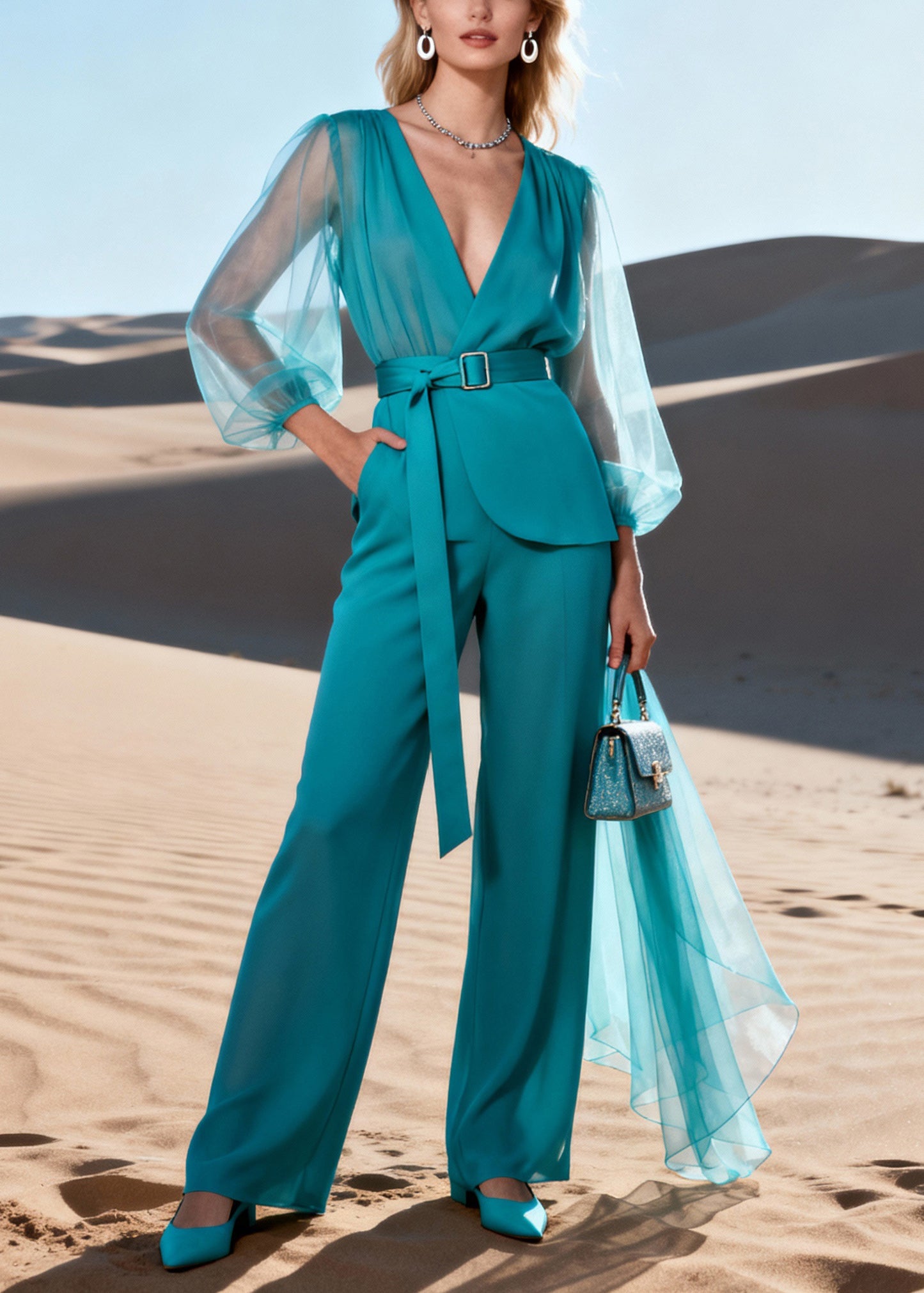 Elegant Blue V Neck Tulle Patchwork Top And Straight Pants Two Piece Set Lantern Sleeve