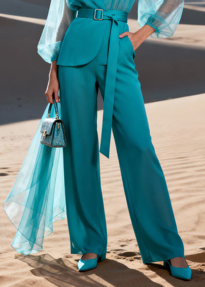 Elegant Blue V Neck Tulle Patchwork Top And Straight Pants Two Piece Set Lantern Sleeve