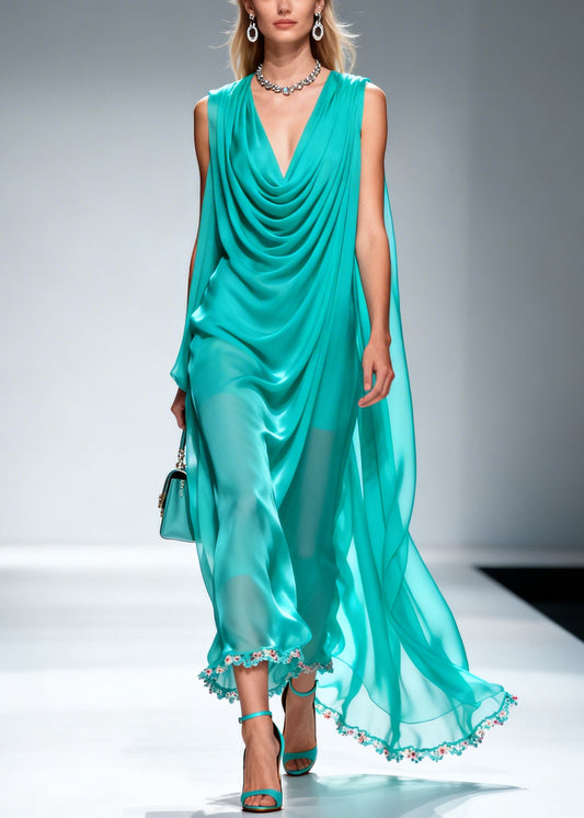 Elegant Blue Wrinkled Draping Chiffon Long Dress Summer