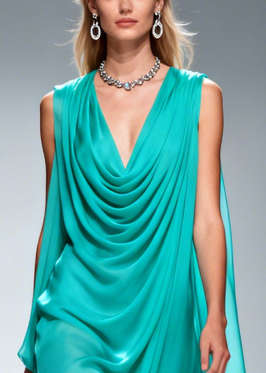 Elegant Blue Wrinkled Draping Chiffon Long Dress Summer