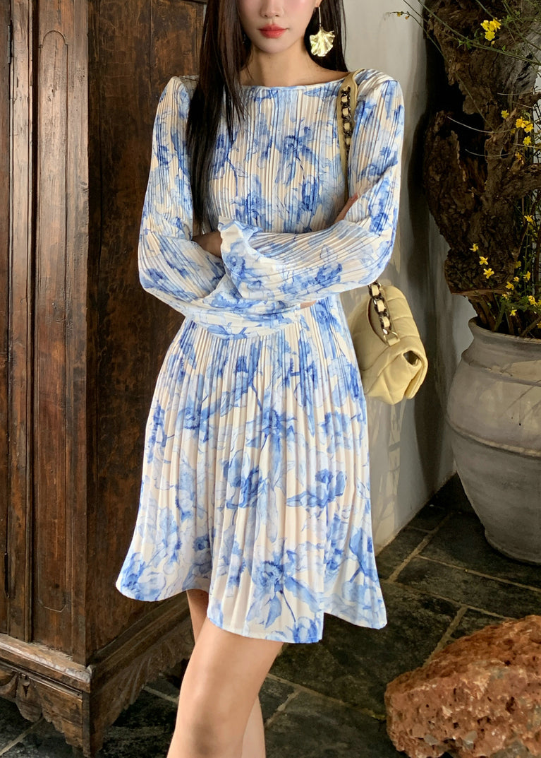 Elegant Blue Wrinkled Print Cotton Dress Flare Sleeve
