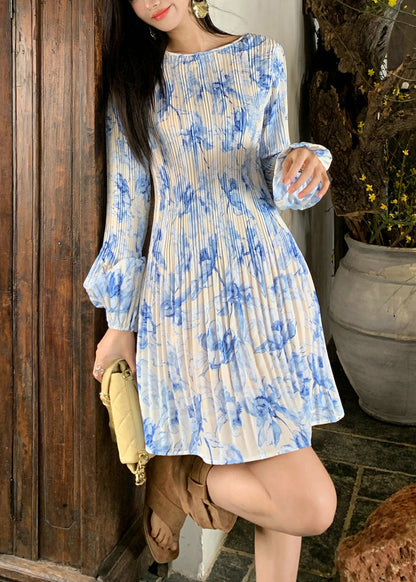 Elegant Blue Wrinkled Print Cotton Dress Flare Sleeve