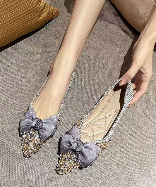 Elegant Bow Splicing Flat Shoes For Women Beige Cotton Fabric