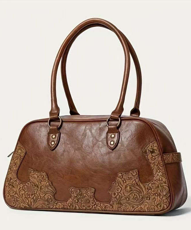 Elegant Brown Appliqued Rivet Faux Leather Shoulder Bags
