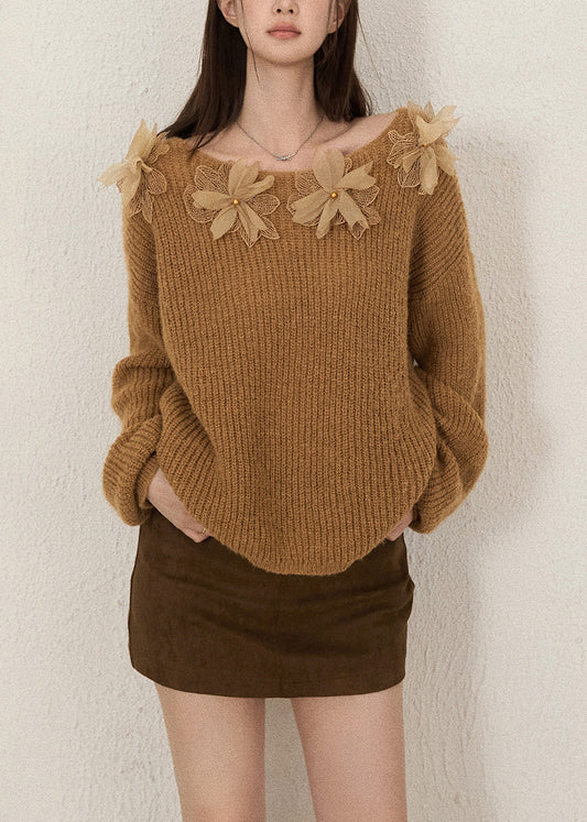 Elegant Brown Cold Shoulder Floral Decorated Knit Shirts Fall