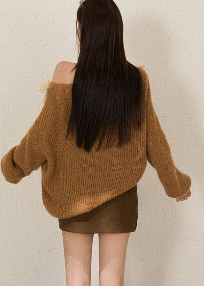 Elegant Brown Cold Shoulder Floral Decorated Knit Shirts Fall