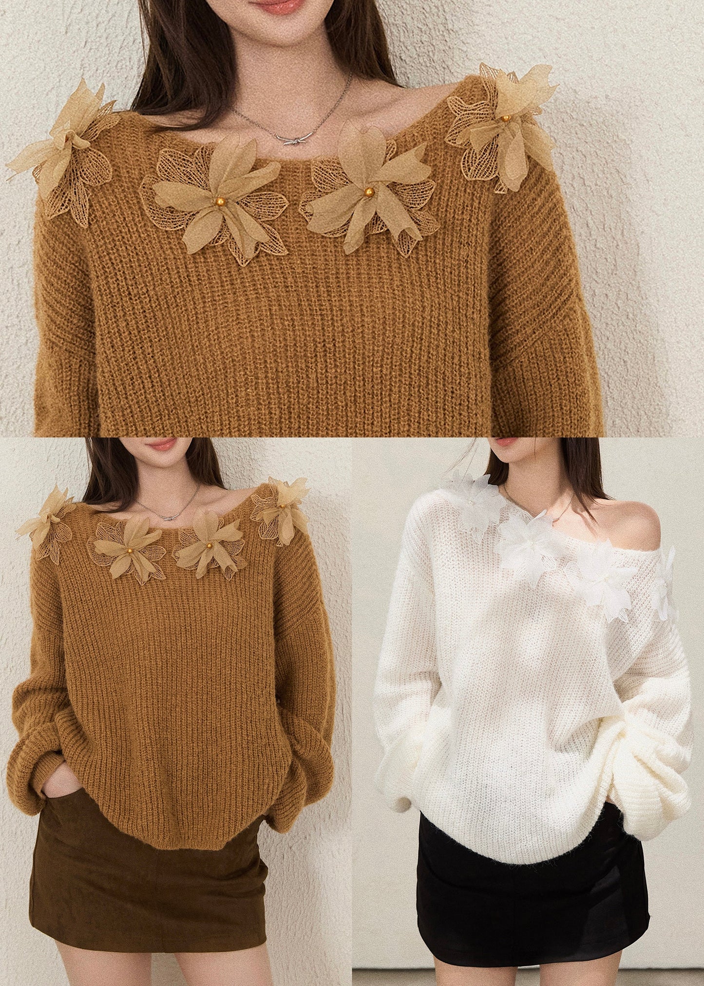 Elegant Brown Cold Shoulder Floral Decorated Knit Shirts Fall