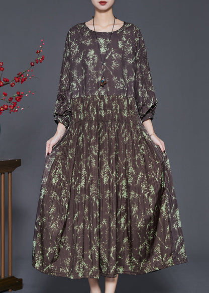 Elegant Brown Elastic Waist Print Cotton Long Dress Spring