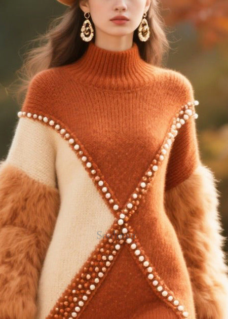 Elegant Brown Faux Fur Patchwork Nail Bead Knitwear Dress Winter