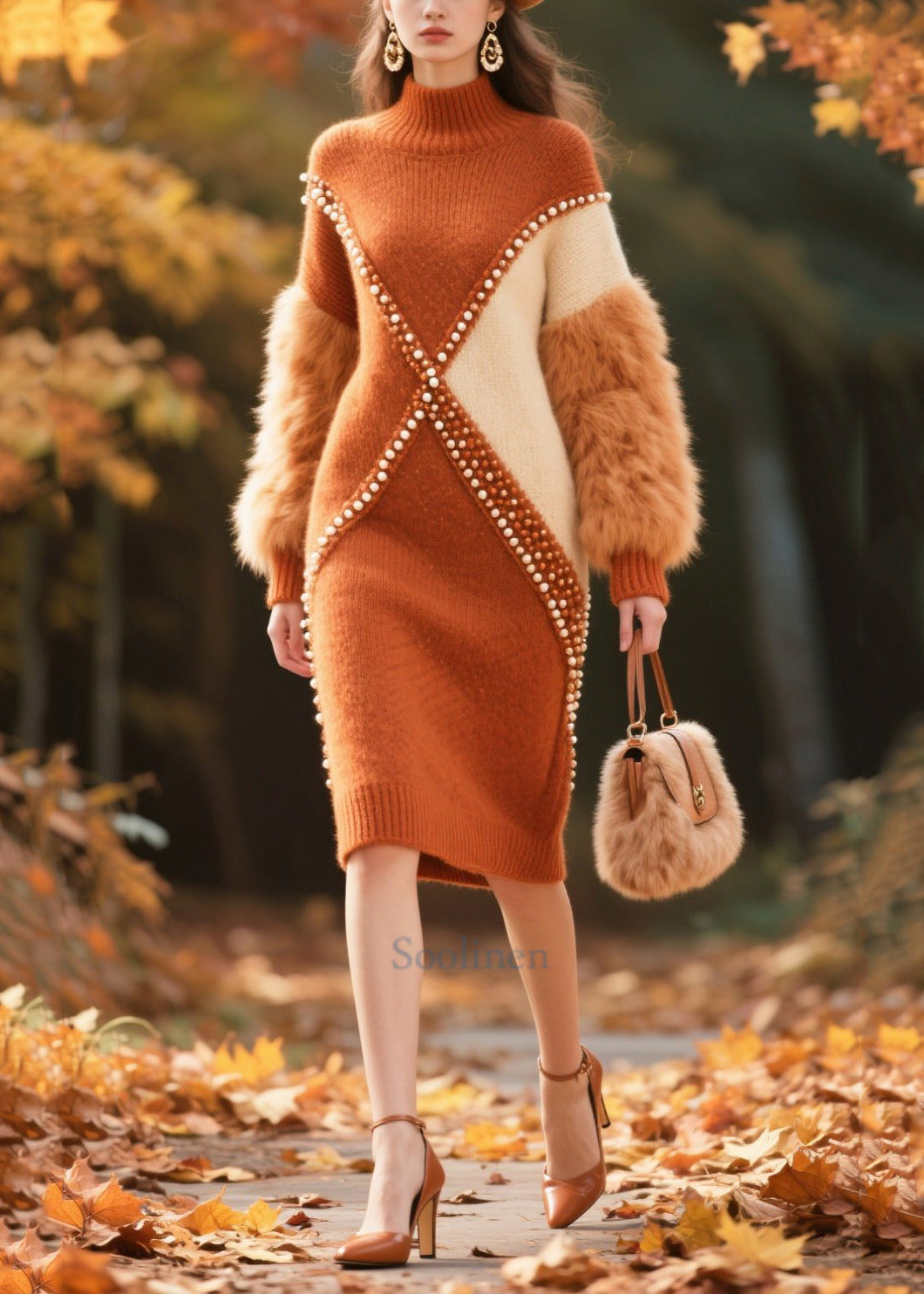 Elegant Brown Faux Fur Patchwork Nail Bead Knitwear Dress Winter