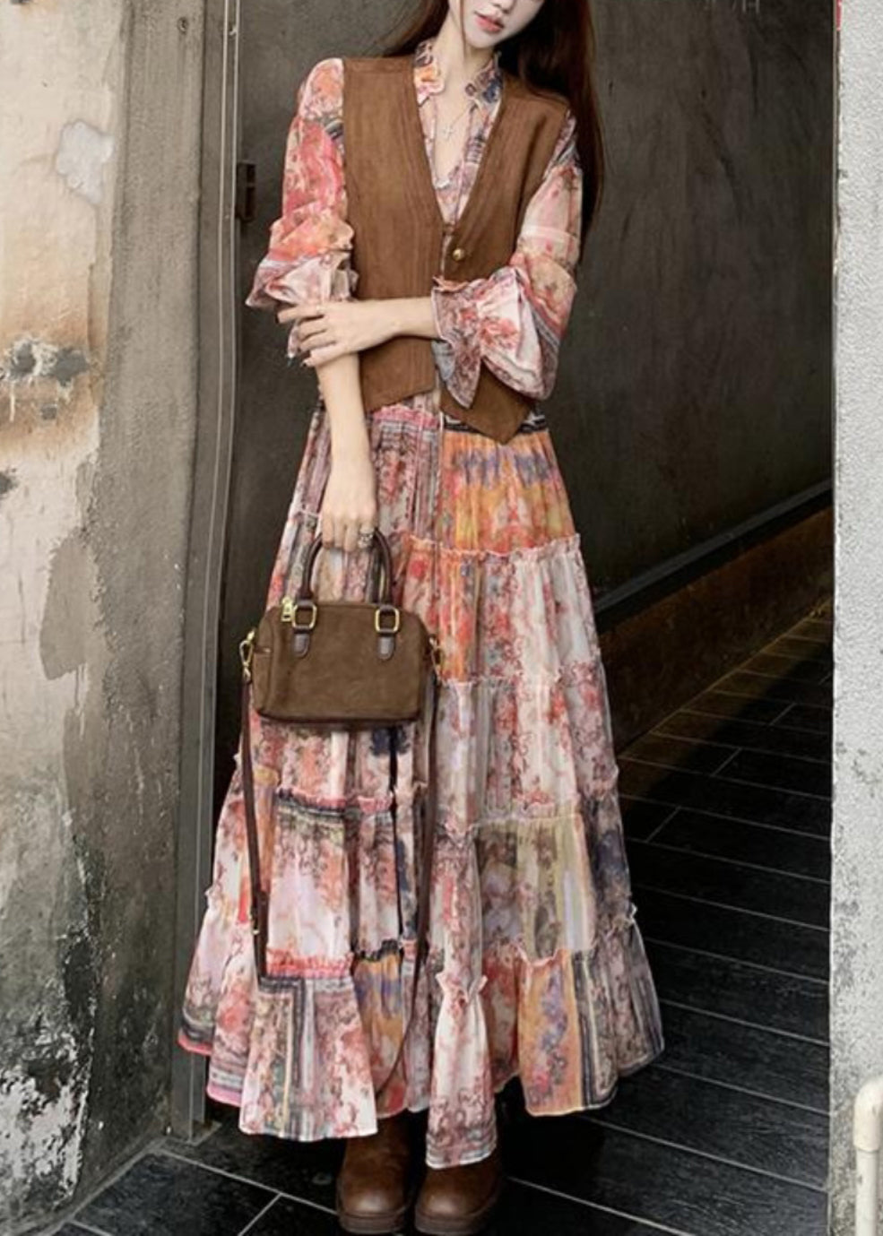 Elegant Brown Faux Suede Waistcoat And Ruffled Dress Two-Piece Set Spring