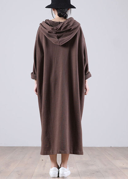 Elegant Brown Hooded Pockets Side Open Fall Sweatshirt Dresses