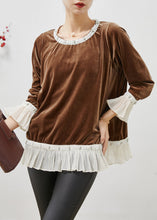 Load image into Gallery viewer, Elegant Brown Nail Bead Patchwork Silk Velour Tops Flare Sleeve