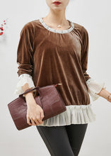 Load image into Gallery viewer, Elegant Brown Nail Bead Patchwork Silk Velour Tops Flare Sleeve