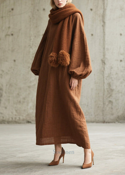 Elegant Brown Oversized Cotton Long Dresses Lantern Sleeve