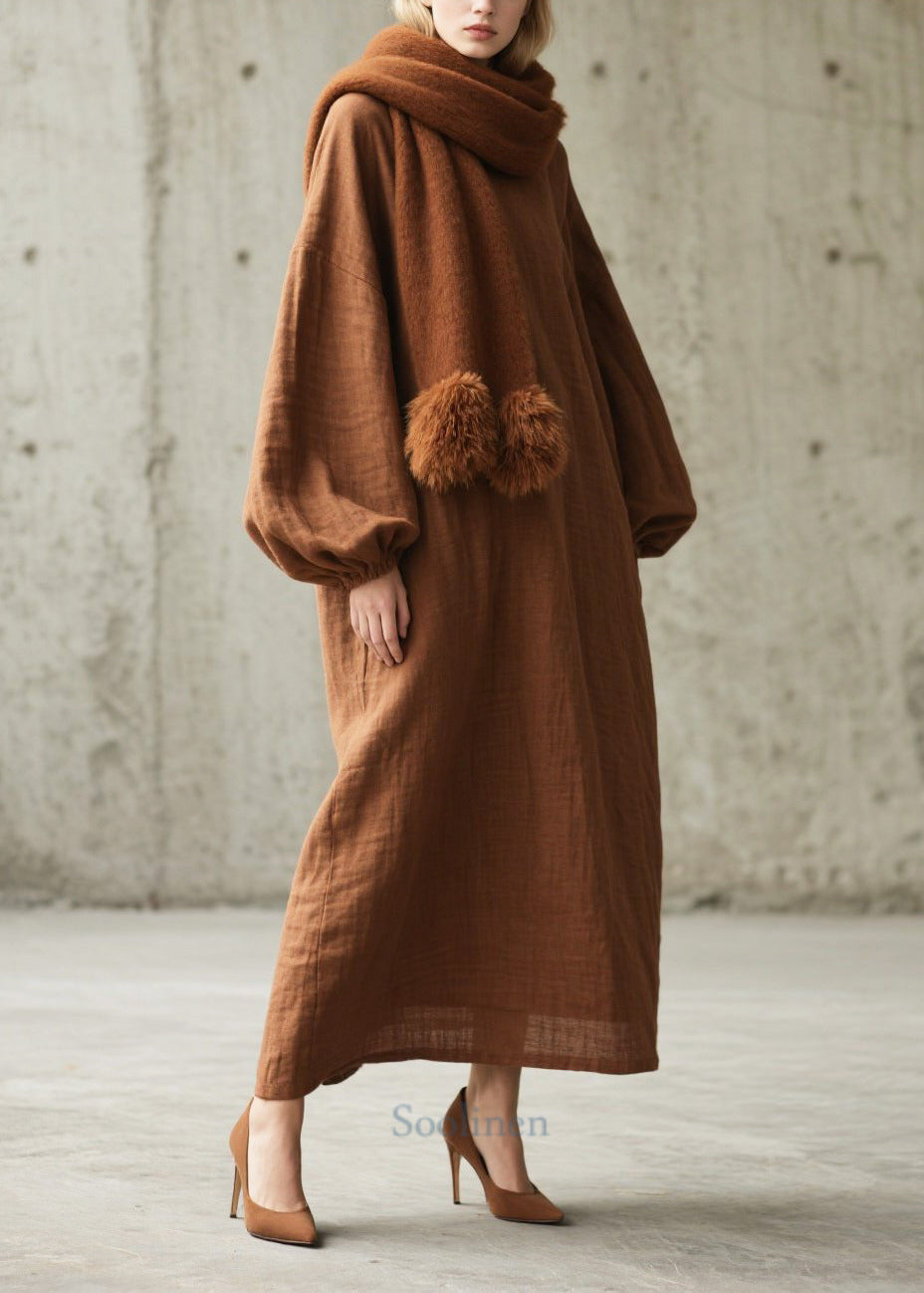 Elegant Brown Oversized Cotton Long Dresses Lantern Sleeve