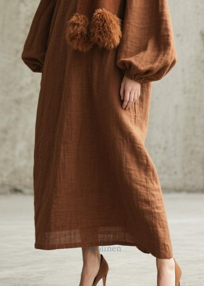 Elegant Brown Oversized Cotton Long Dresses Lantern Sleeve