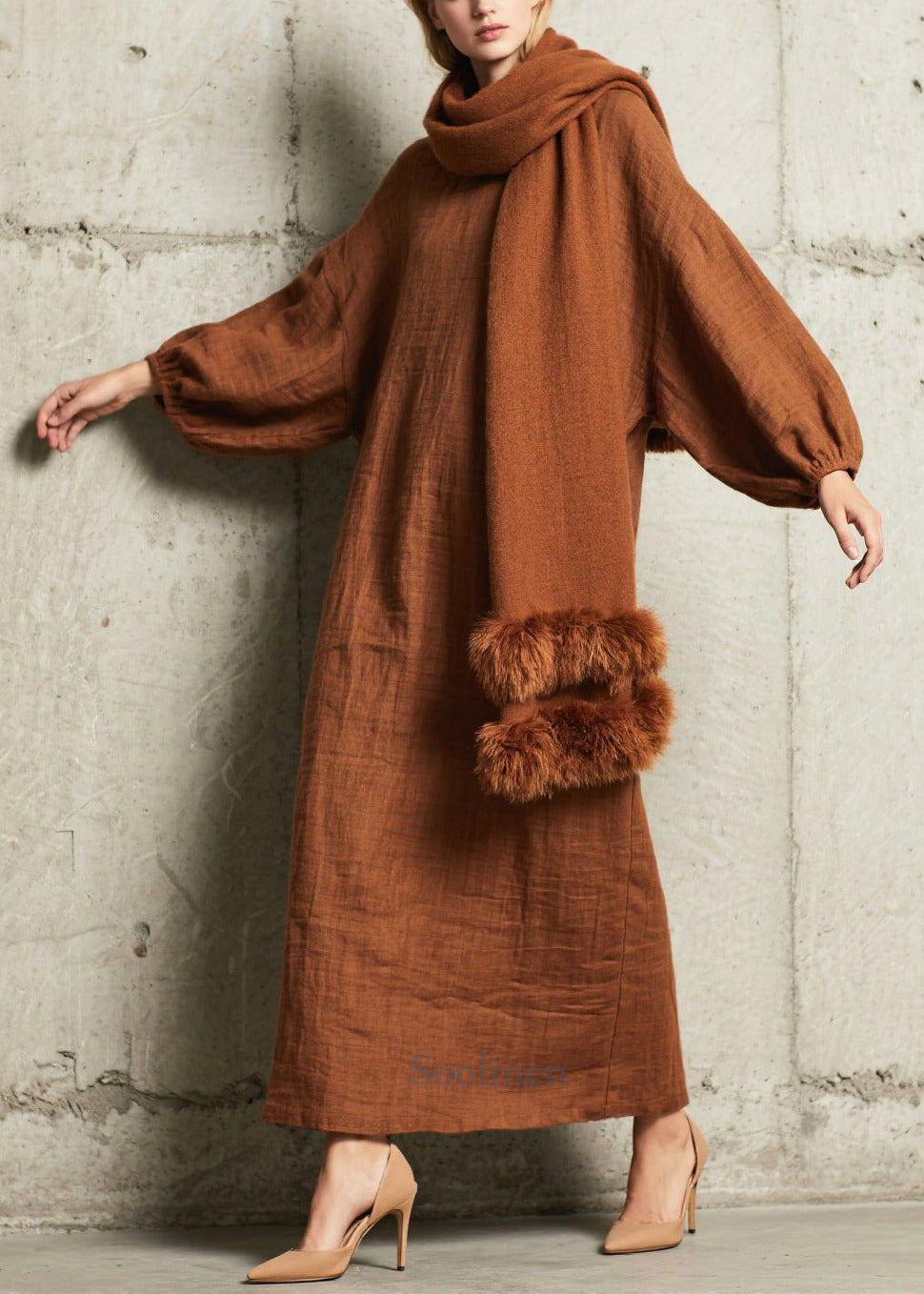 Elegant Brown Oversized Cotton Straight Dress Fall