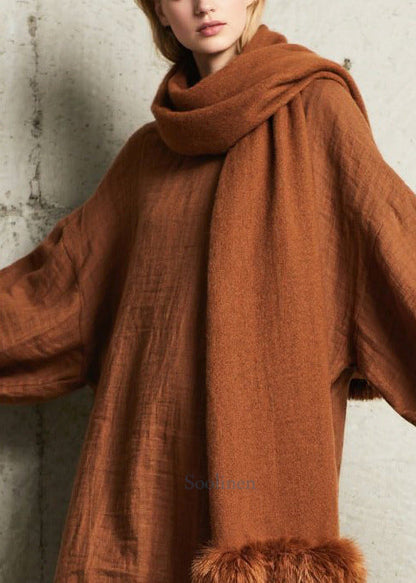 Elegant Brown Oversized Cotton Straight Dress Fall