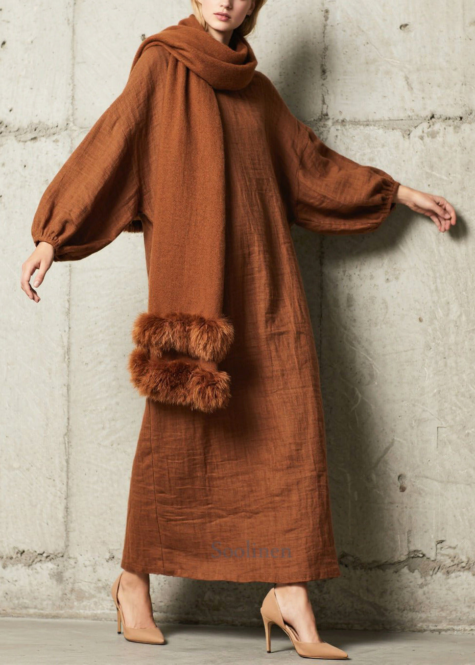 Elegant Brown Oversized Cotton Straight Dress Fall