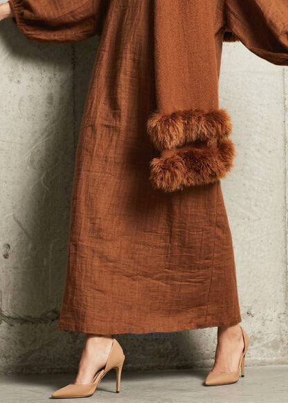 Elegant Brown Oversized Cotton Straight Dress Fall
