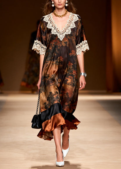 Elegant Brown Oversized Lace Patchwork Silk Dress Summer