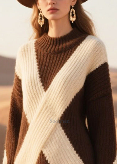 Elegant Brown Oversized Patchwork Lace Knit Sweater Dress Winter