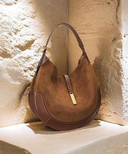 Elegant Brown Patchwork Solid Durable Fine Suede Saddle Bag