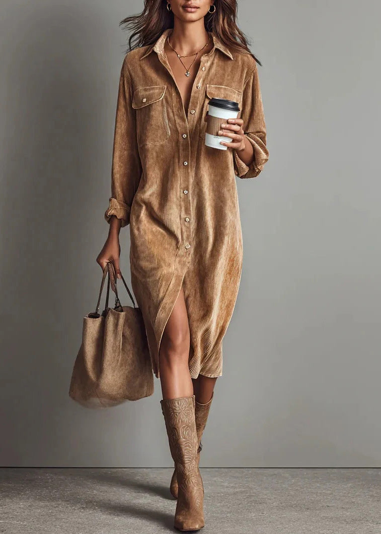 Elegant Brown Peter Pan Collar Corduroy Shirts Dress Spring
