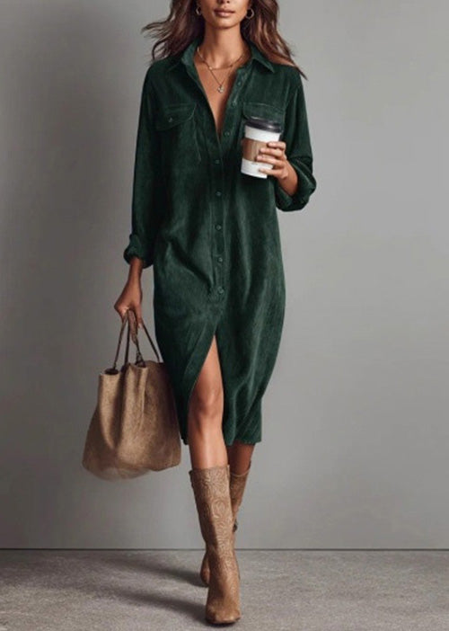 Elegant Brown Peter Pan Collar Corduroy Shirts Dress Spring