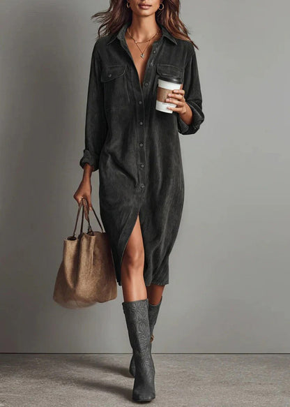 Elegant Brown Peter Pan Collar Corduroy Shirts Dress Spring