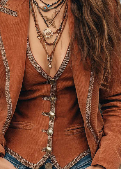 Elegant Brown Peter Pan Collar Cotton Two Pieces Set Fall