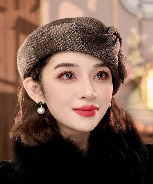 Elegant Brown Plaid Versatile Woolen Beret Hat