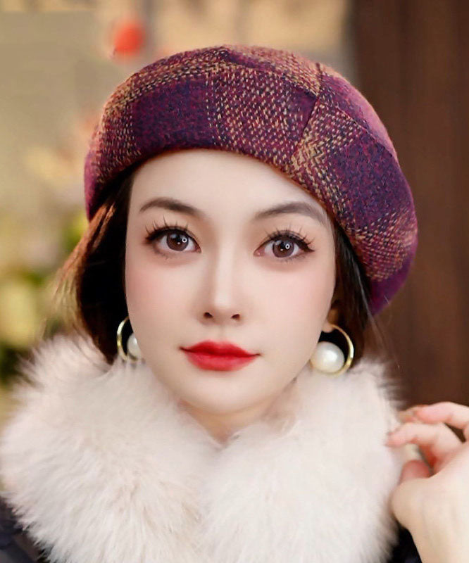 Elegant Brown Plaid Versatile Woolen Beret Hat