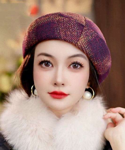 Elegant Brown Plaid Versatile Woolen Beret Hat